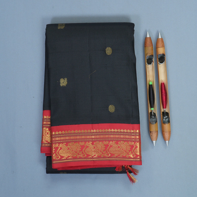 Hayagrivas Handloom Black Kanjivaram Silk Saree with Red Border SSKBF154H8-1