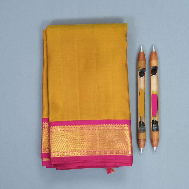 Hayagrivas Handloom Mustard Yellow Kanjivaram Silk Saree with Pink Border SSKBF29D2-2