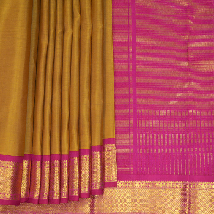Hayagrivas Handloom Mustard Yellow Kanjivaram Silk Saree with Pink Border SSKBF29D2-2