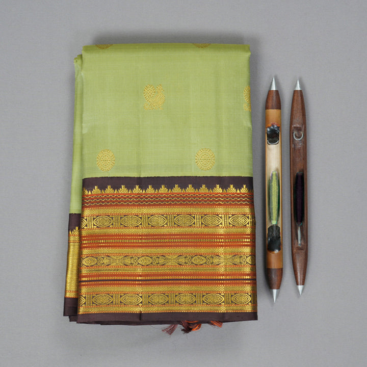 Hayagrivas Handloom Pista Green Kanjivaram Silk Saree with Dark Brown Border SSKBF39D3-1
