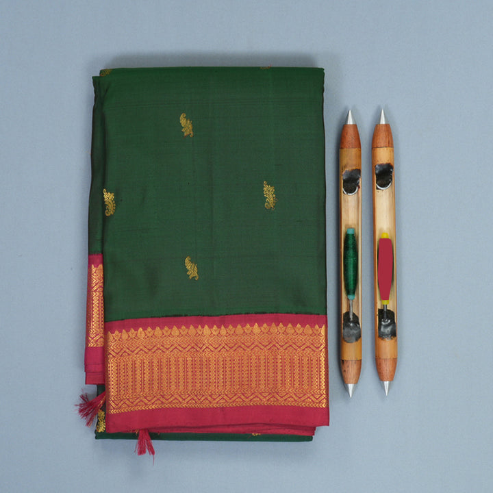 Hayagrivas Handloom Bottle Green Kanjivaram Silk Saree with Maroon Border SSKBF50E6-4