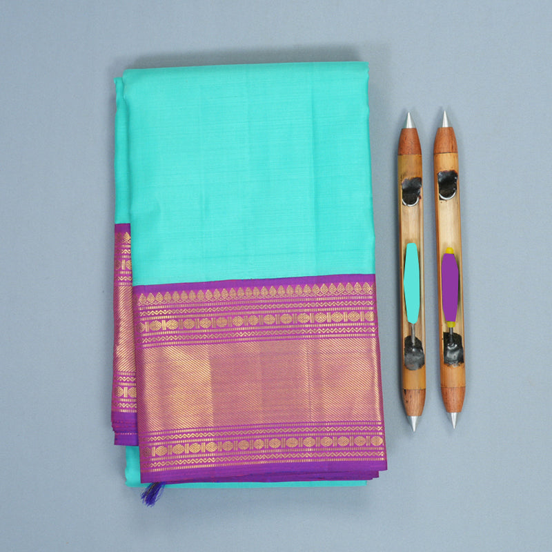 Hayagrivas Handloom Bright Teal Kanjivaram Silk Saree with Purple Border SSKBF50E9-1