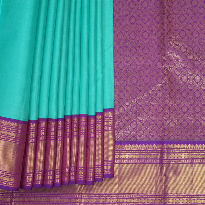 Hayagrivas Handloom Bright Teal Kanjivaram Silk Saree with Purple Border SSKBF50E9-1