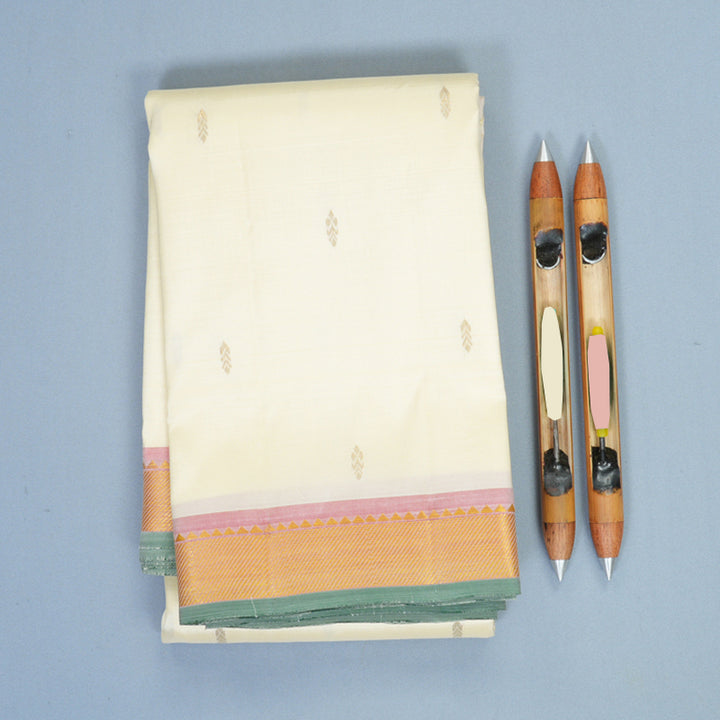 Hayagrivas Handloom Half-White Kanjivaram Silk Saree with Onion Pink Border SSKBF60E2-1