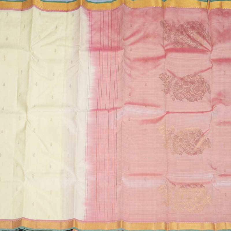 Hayagrivas Handloom Half-White Kanjivaram Silk Saree with Onion Pink Border SSKBF60E2-1