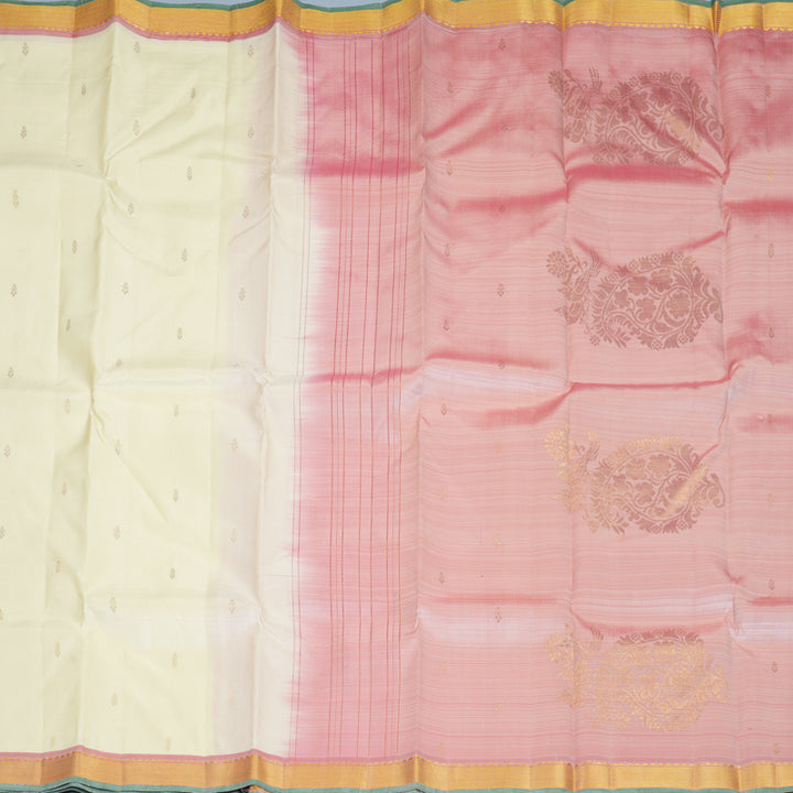 Hayagrivas Handloom Half-White Kanjivaram Silk Saree with Onion Pink Border SSKBF60E2-1