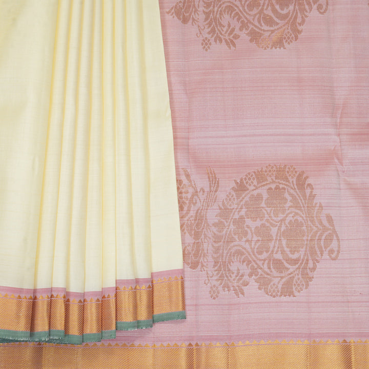 Hayagrivas Handloom Half-White Kanjivaram Silk Saree with Onion Pink Border SSKBF60E2-1