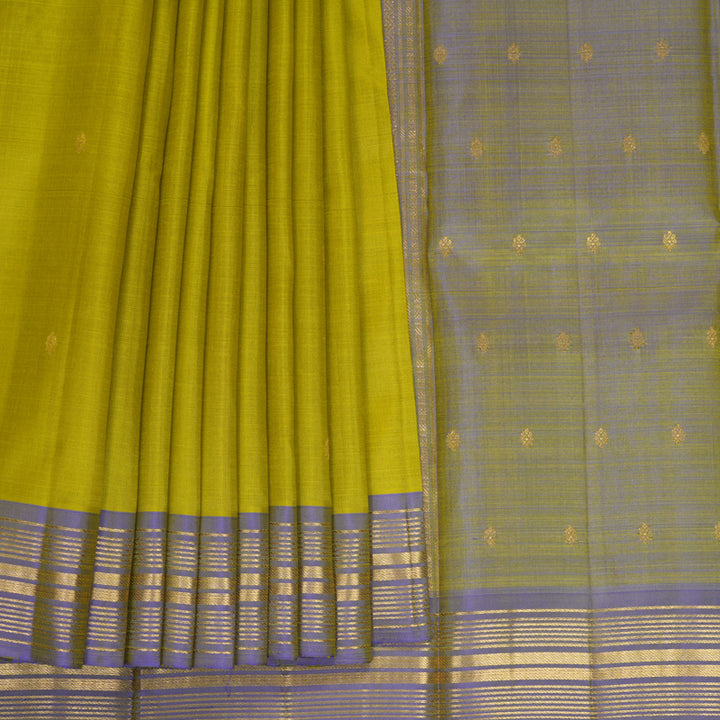 Hayagrivas Handloom Lime Green Kanjivaram Silk Saree with Light Purple Border SSKBF60E4-9