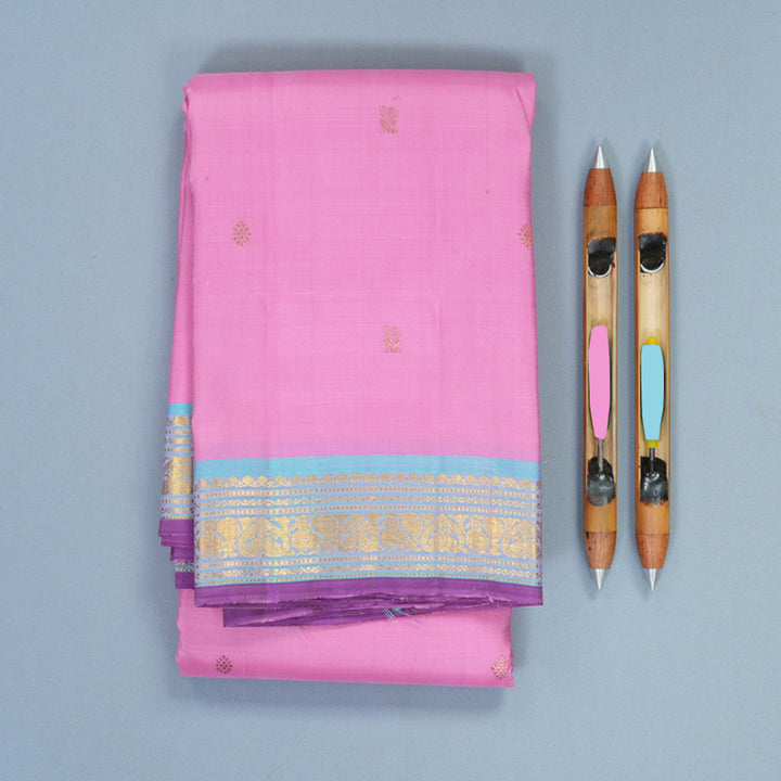 Hayagrivas Handloom Rose Pink Kanjivaram Silk Saree with Powder Blue Border SSKBF60E8-1