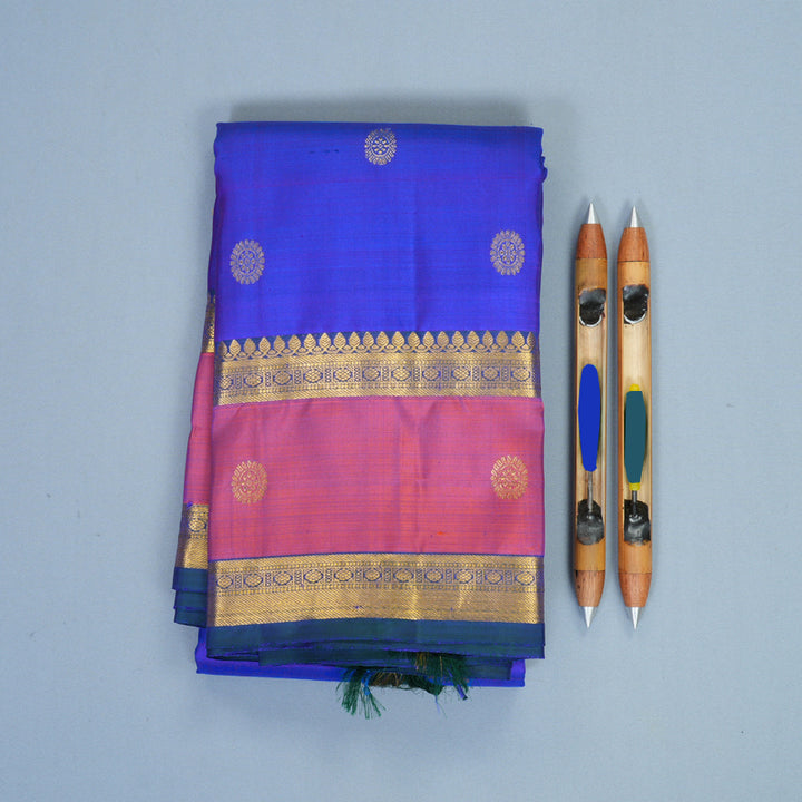 Hayagrivas Handloom MS Blue Kanjivaram Silk Saree with Rust Orange Border SSKBF61E1-4