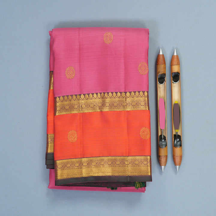 Hayagrivas Handloom Rose Pink Kanjivaram Silk Saree with Orange Border SSKBF61E1-6