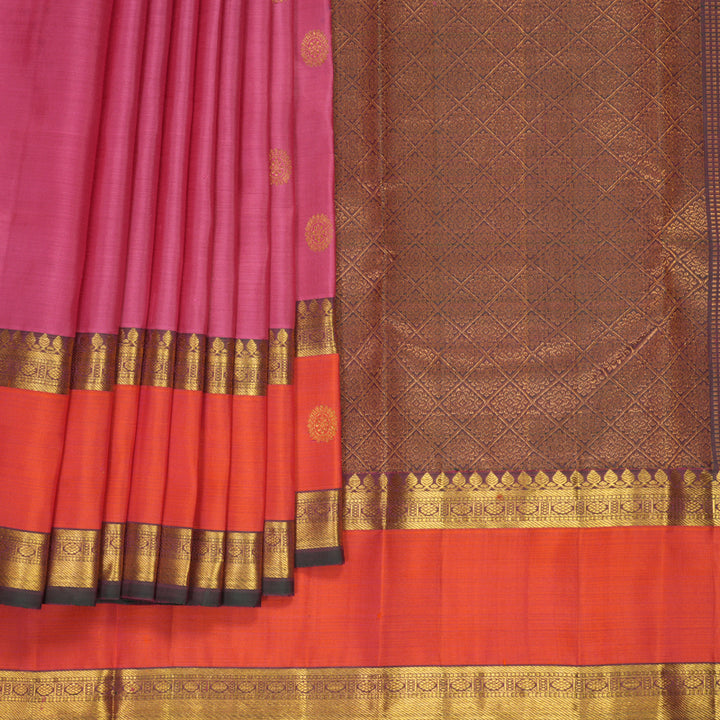 Hayagrivas Handloom Rose Pink Kanjivaram Silk Saree with Orange Border SSKBF61E1-6