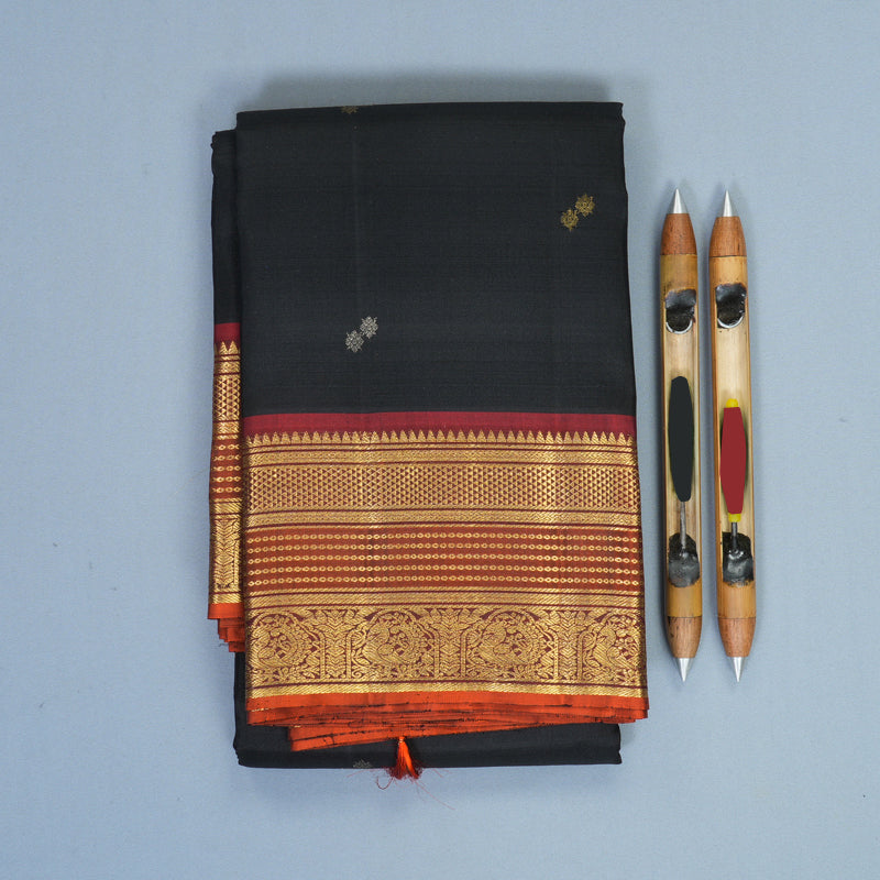 Hayagrivas Handloom Black Kanjivaram Silk Saree with Rust Orange Border SSKBF61E1-7