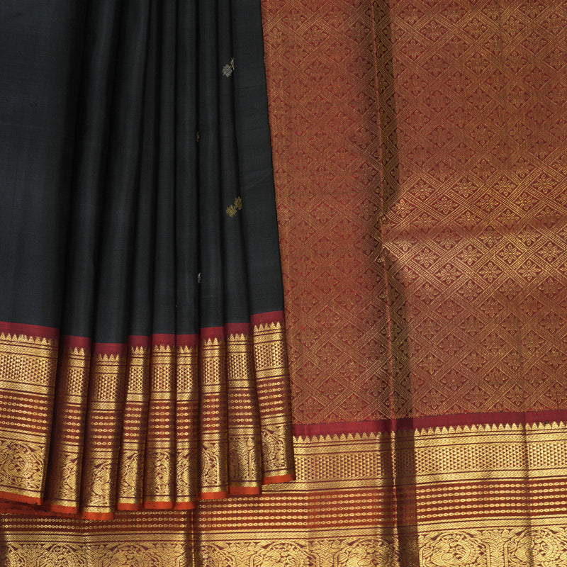 Hayagrivas Handloom Black Kanjivaram Silk Saree with Rust Orange Border SSKBF61E1-7