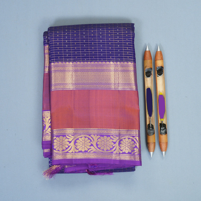 Hayagrivas Handloom Purplish-Blue Kanjivaram Silk Saree with Rust Orange Border SSKBF61E10-1