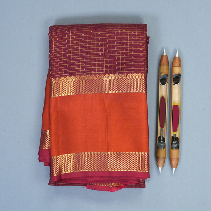 Hayagrivas Handloom Dark Maroon Kanjivaram Silk Saree with Rust Orange Border SSKBF61E10-2