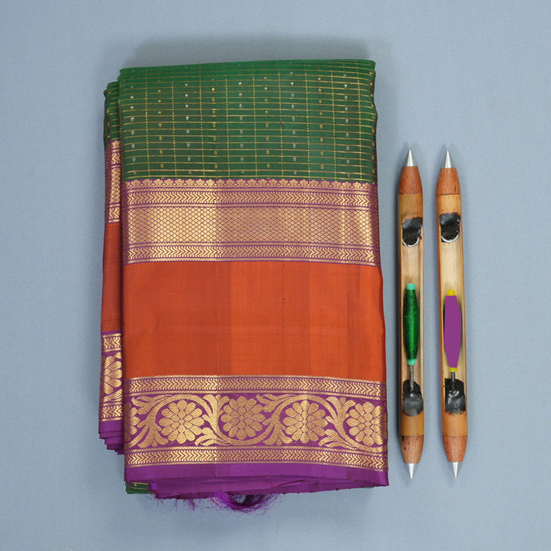 Hayagrivas Handloom Dark Green Kanjivaram Silk Saree with Rust Orange Border SSKBF61E10-4