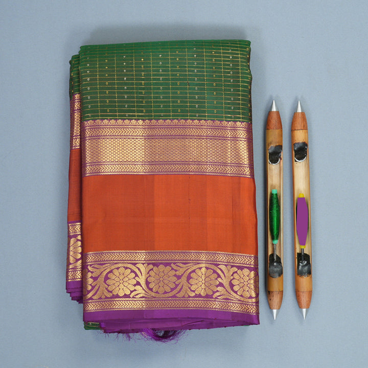 Hayagrivas Handloom Dark Green Kanjivaram Silk Saree with Rust Orange Border SSKBF61E10-4