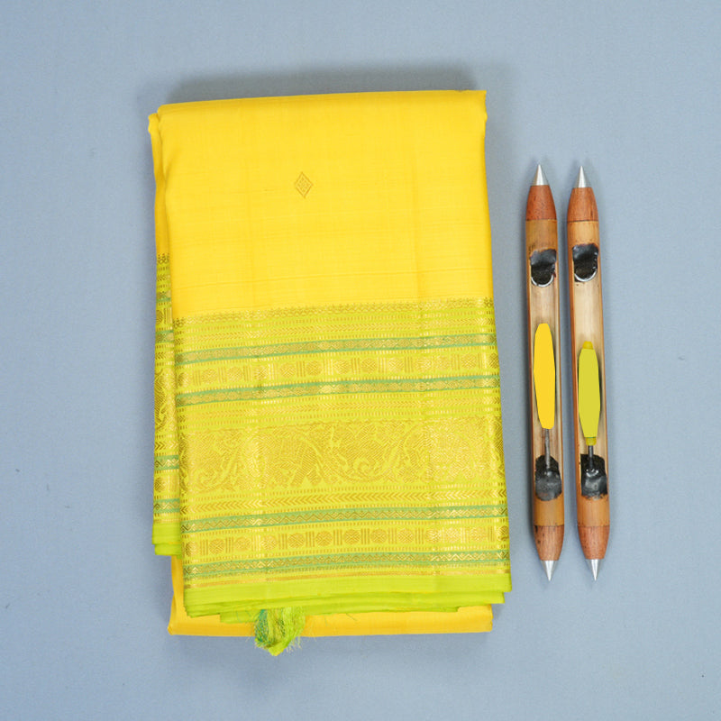 Hayagrivas Handloom Lemon Yellow Kanjivaram Silk Saree with Fluorescent Green Border SSCKBF61E2-22