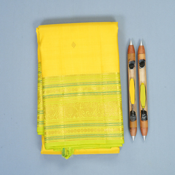 Hayagrivas Handloom Lemon Yellow Kanjivaram Silk Saree with Fluorescent Green Border SSCKBF61E2-22