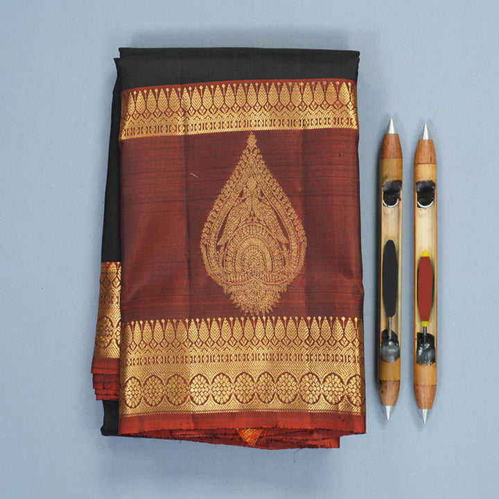 Hayagrivas Handloom Black Kanjivaram Silk Saree with Rust Orange Border SSKBF61E2-23