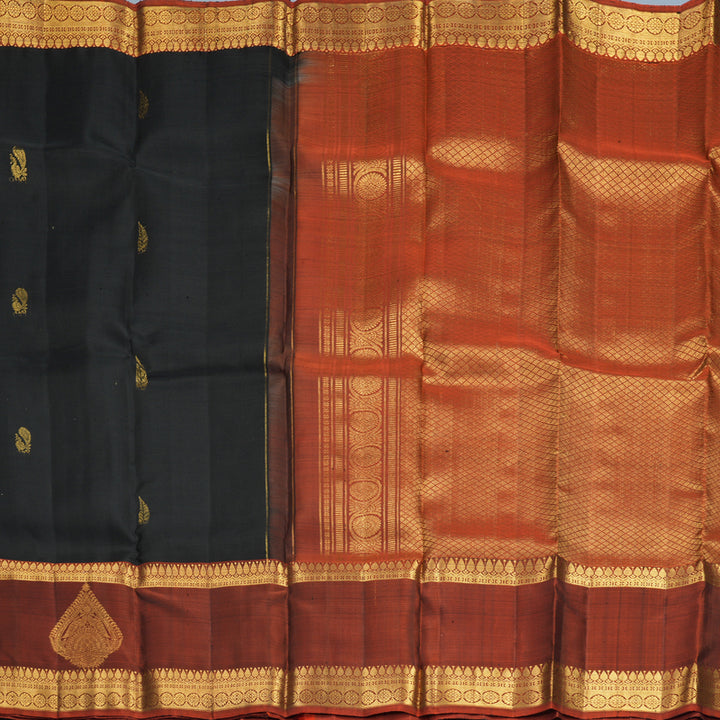 Hayagrivas Handloom Black Kanjivaram Silk Saree with Rust Orange Border SSKBF61E2-23