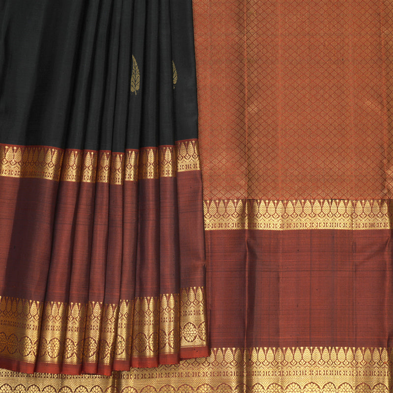 Hayagrivas Handloom Black Kanjivaram Silk Saree with Rust Orange Border SSKBF61E2-23