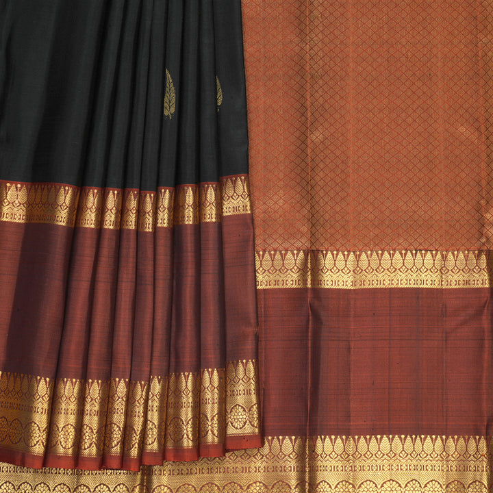 Hayagrivas Handloom Black Kanjivaram Silk Saree with Rust Orange Border SSKBF61E2-23