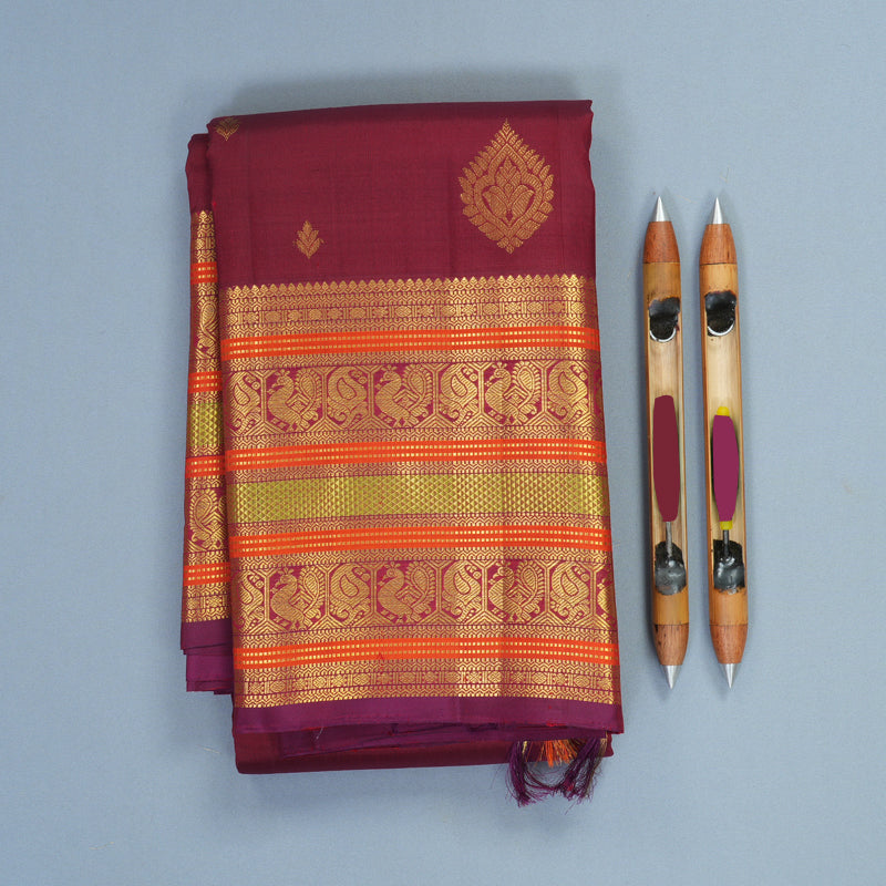 Hayagrivas Handloom Maroon Kanjivaram Silk Saree with Purple Border SSKBF61E4-2