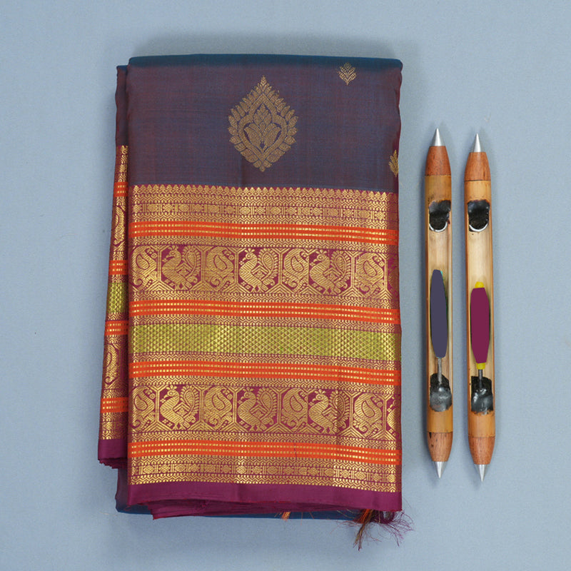 Hayagrivas Handloom Dual Tone (Blue &amp; Red) Kanjivaram Silk Saree with Vadamalli Purple Border SSKBF61E4-3