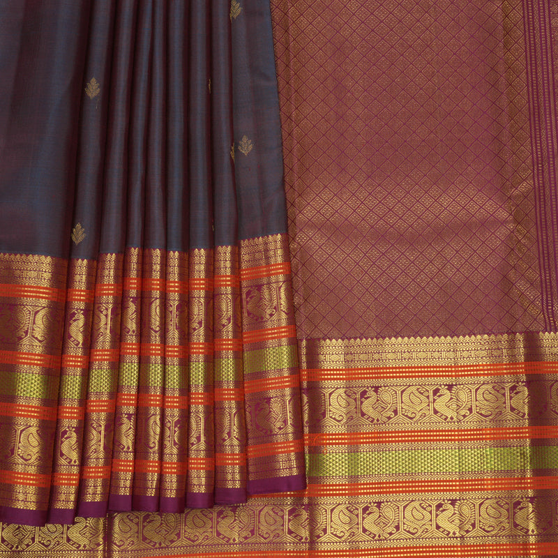 Hayagrivas Handloom Dual Tone (Blue &amp; Red) Kanjivaram Silk Saree with Vadamalli Purple Border SSKBF61E4-3