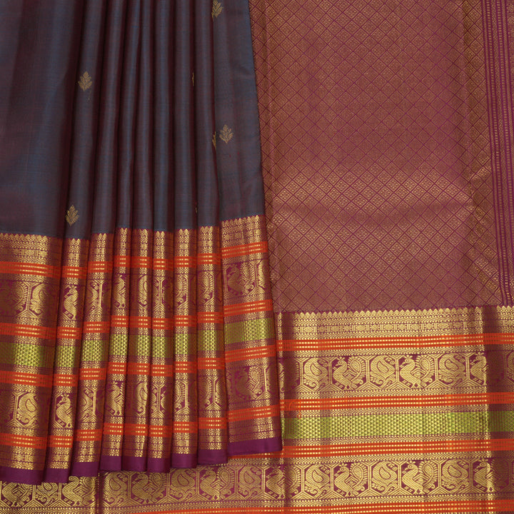 Hayagrivas Handloom Dual Tone (Blue &amp; Red) Kanjivaram Silk Saree with Vadamalli Purple Border SSKBF61E4-3