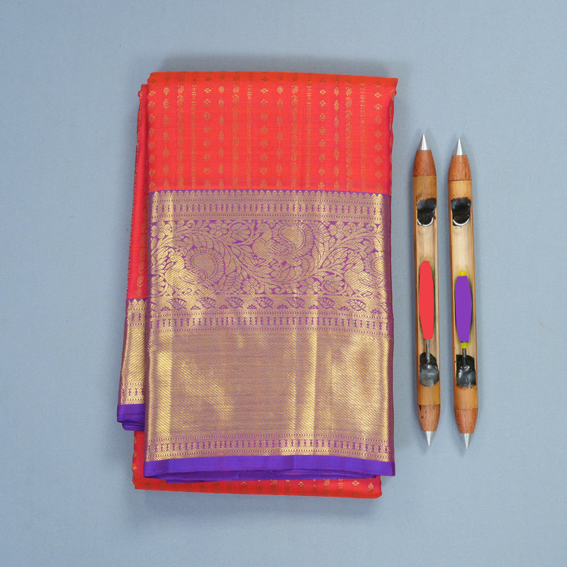 Hayagrivas Handloom Orangish-Pink Kanjivaram Silk Saree with Purple Border SSKBF61E5-3