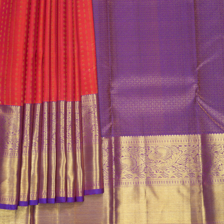 Hayagrivas Handloom Orangish-Pink Kanjivaram Silk Saree with Purple Border SSKBF61E5-3