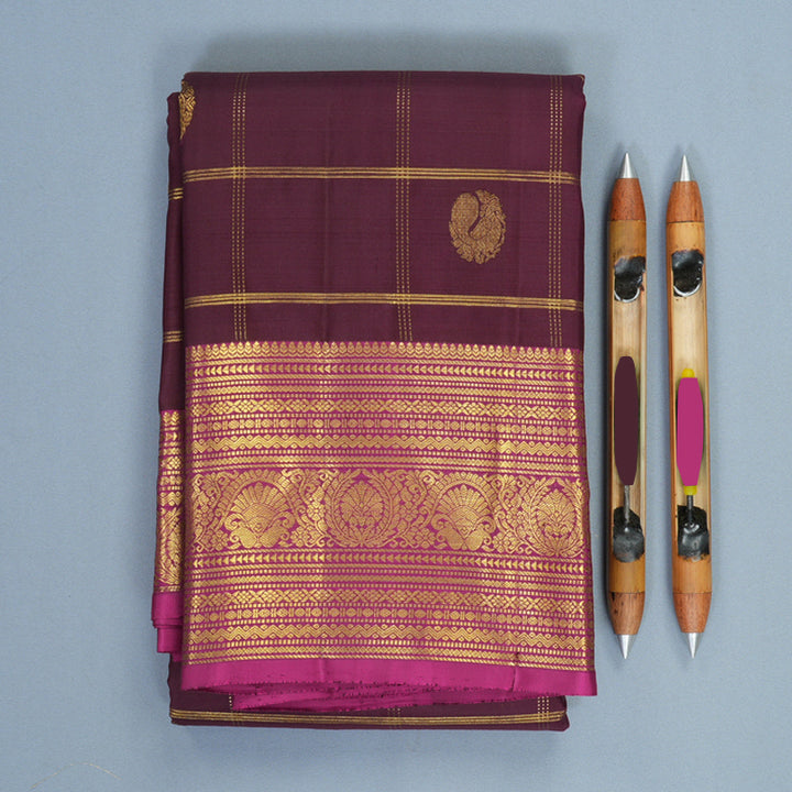 Hayagrivas Handloom Deep Plum Purple Kanjivaram Silk Saree with Magenta Border SSKBF61E6-12