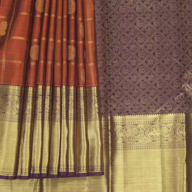 Hayagrivas Handloom Rust Orange Kanjivaram Silk Saree with Plum Purple Border SSKBF61E6-16