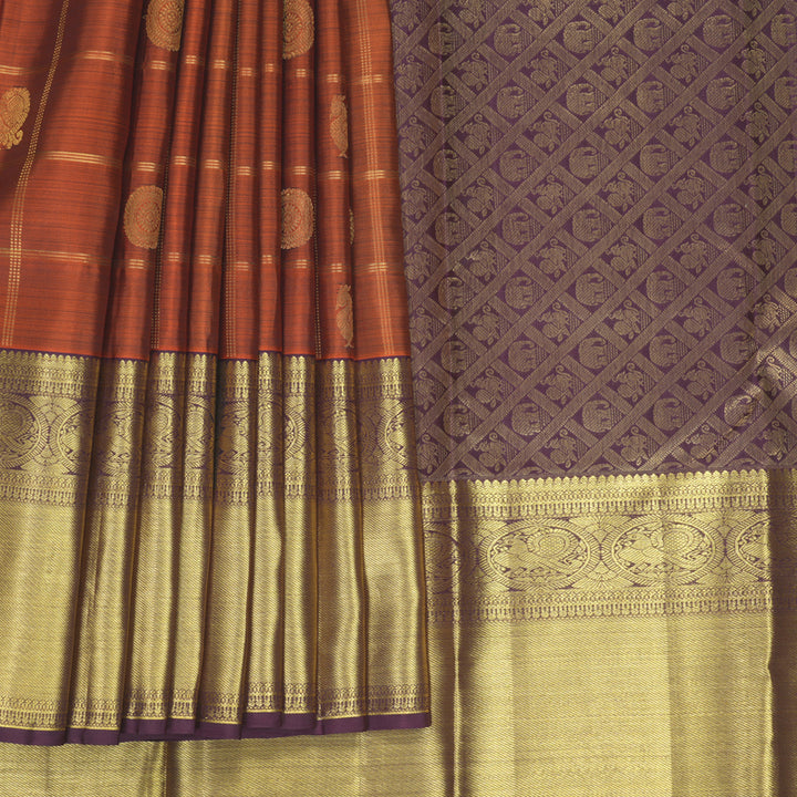 Hayagrivas Handloom Rust Orange Kanjivaram Silk Saree with Plum Purple Border SSKBF61E6-16