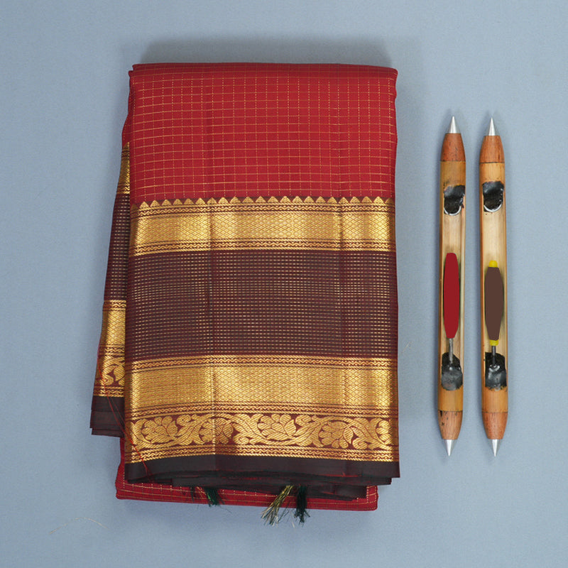 Hayagrivas Handloom Brick Red Kanjivaram Silk Saree with Manthalir Brown Border SSKBF61E9-2