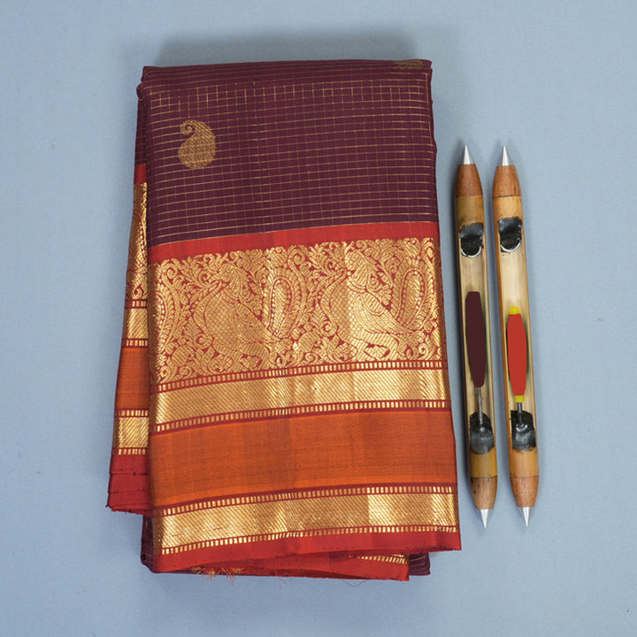 Hayagrivas Handloom Coffee Brown Kanjivaram Silk Saree with Rust Orange Border SSKBF67E13-10