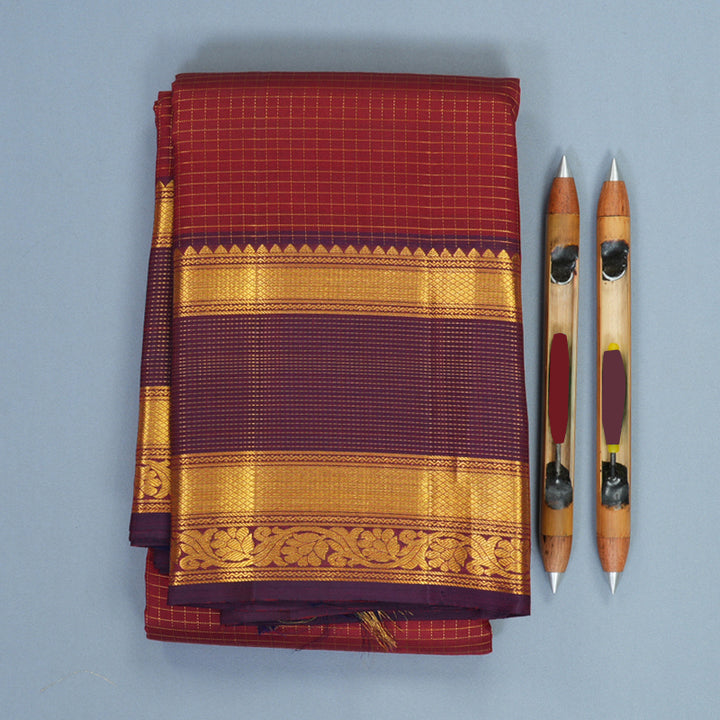 Hayagrivas Handloom Brick Red Kanjivaram Silk Saree with Wine Purple Border SSKBF67E13-3