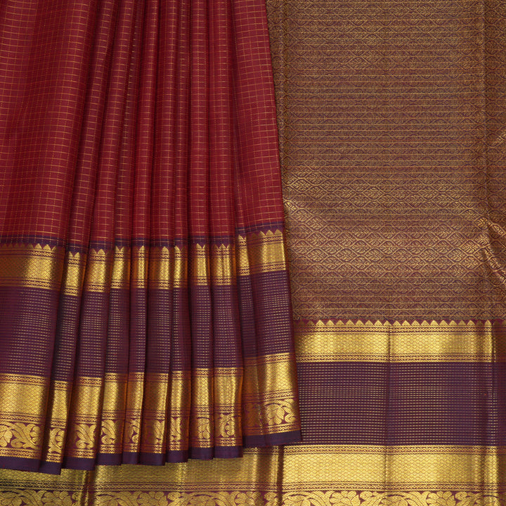 Hayagrivas Handloom Brick Red Kanjivaram Silk Saree with Wine Purple Border SSKBF67E13-3