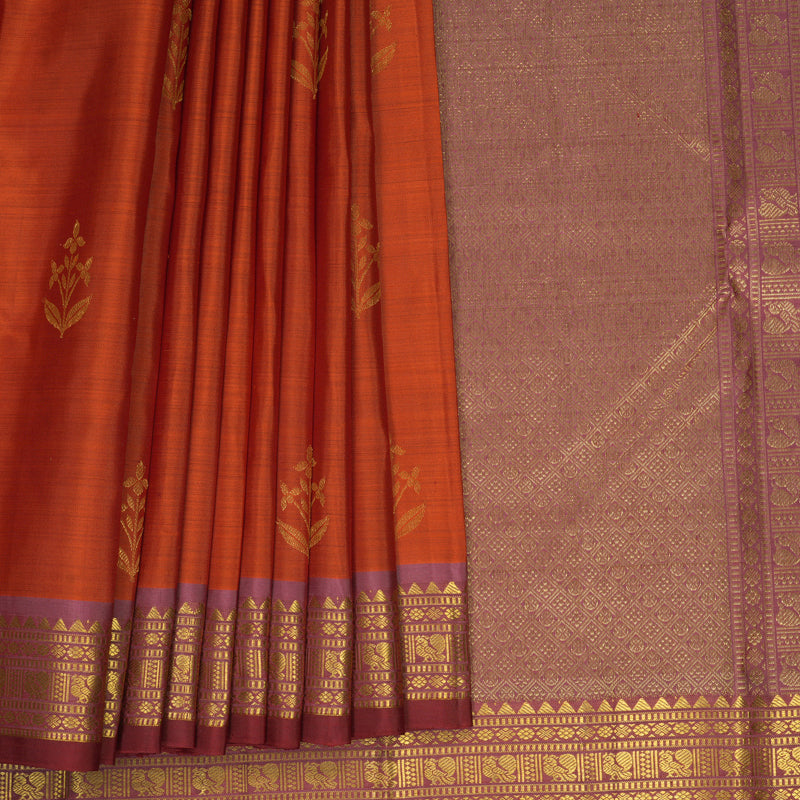Hayagrivas Handloom Dark Orange Kanjivaram Silk Saree with Guava Pink Border SSKBF67E3-5