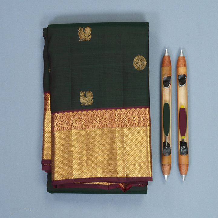 Hayagrivas Handloom Karum Pachai Kanjivaram Silk Saree with Deep Burgundy Border SSKBF61E1-18