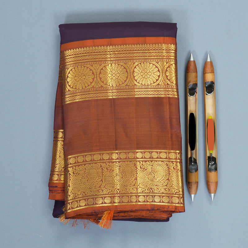Hayagrivas Handloom Deep Wine Kanjivaram Silk Saree with Rust Orange Border SSKBF67E7-13