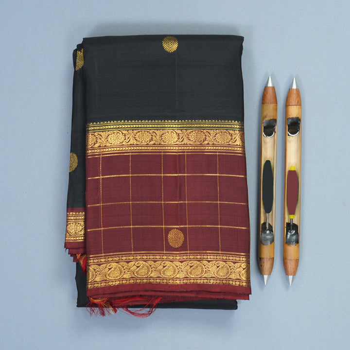 Hayagrivas Handloom Black Kanjivaram Silk Saree with Rust Orange Border SSKBF67E7-14