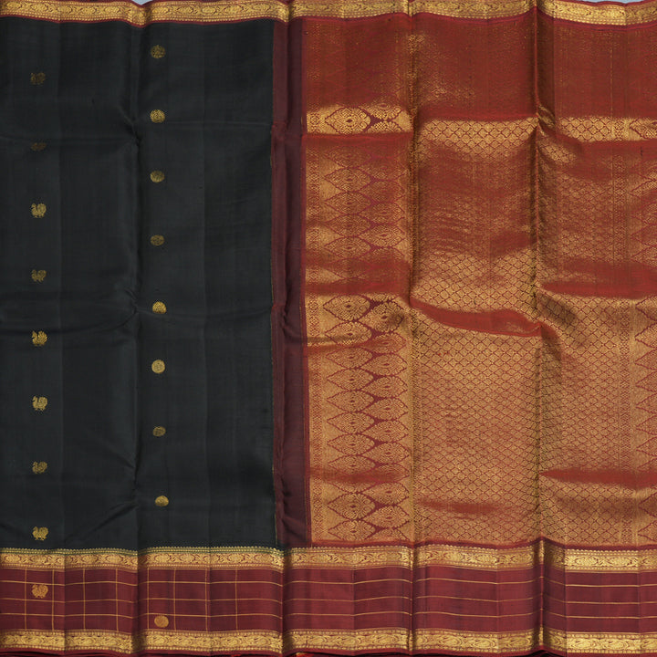 Hayagrivas Handloom Black Kanjivaram Silk Saree with Rust Orange Border SSKBF67E7-14
