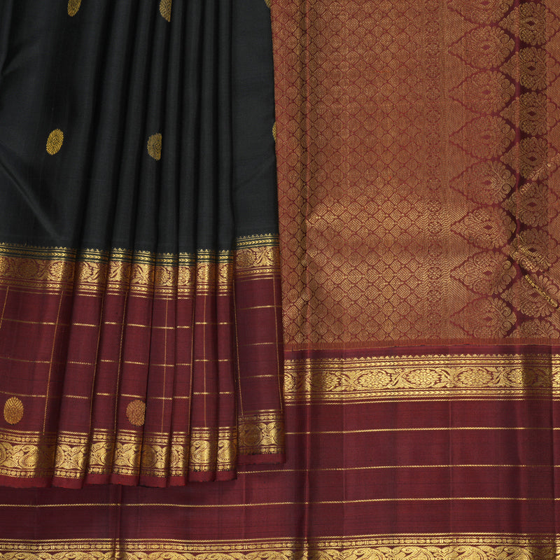 Hayagrivas Handloom Black Kanjivaram Silk Saree with Rust Orange Border SSKBF67E7-14
