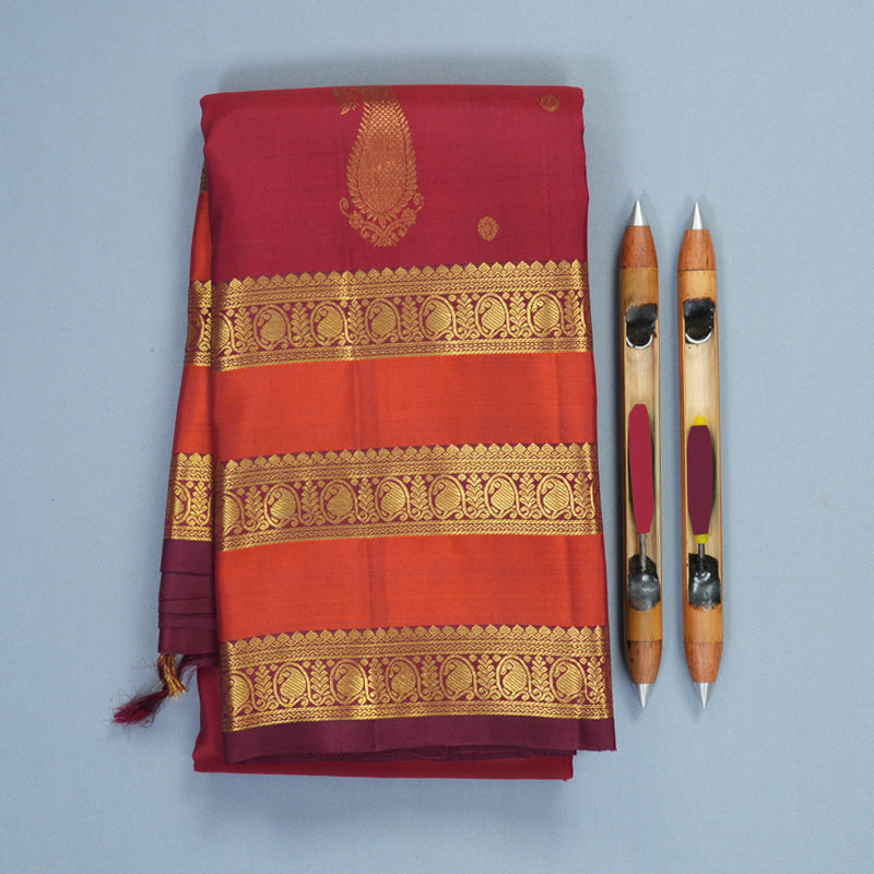Hayagrivas Handloom Maroon Kanjivaram Silk Saree with Rust Orange Border SSKBF67E7-18