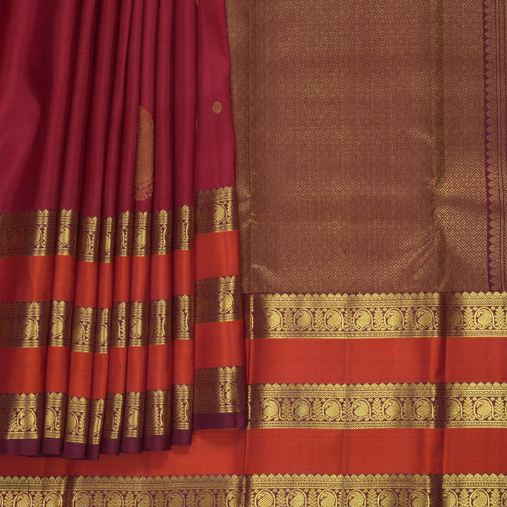 Hayagrivas Handloom Maroon Kanjivaram Silk Saree with Rust Orange Border SSKBF67E7-18