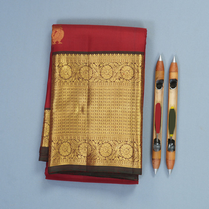 Hayagrivas Handloom Brick Red Kanjivaram Silk Saree with Manthalir Border SSKBF67E8-2